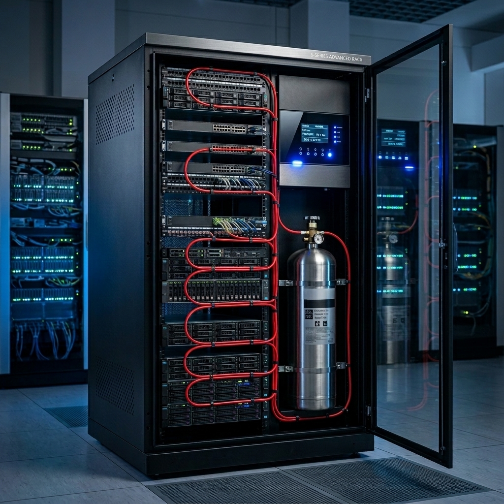 Clean agent tubing system cylinders and red heat detection loop mounted inside a server enclosure