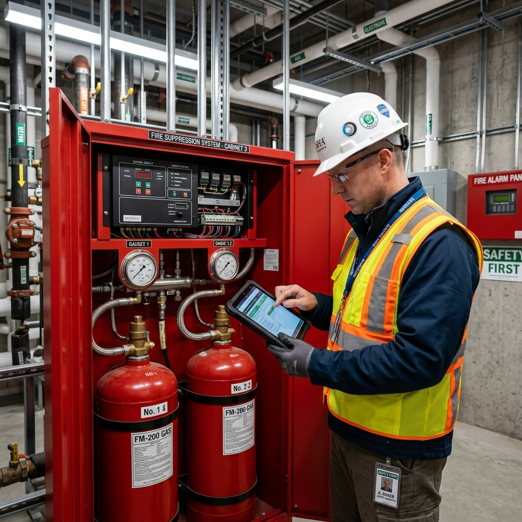 Safety engineer conducting routine diagnostic sweeps and pressure checks
