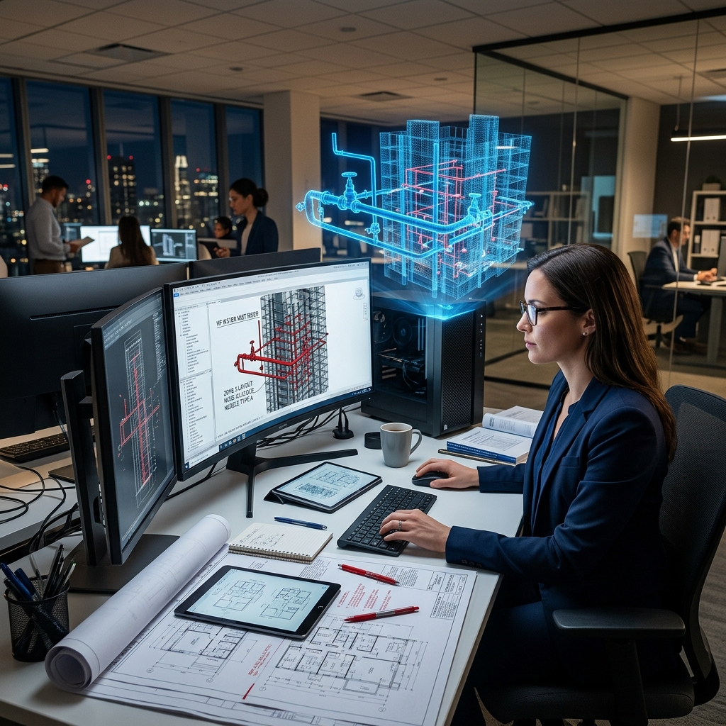Fire safety designer creating high-pressure system layout drawings on workstation
