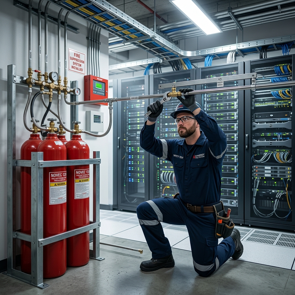 Safety engineer installing high pressure deluges and sensors